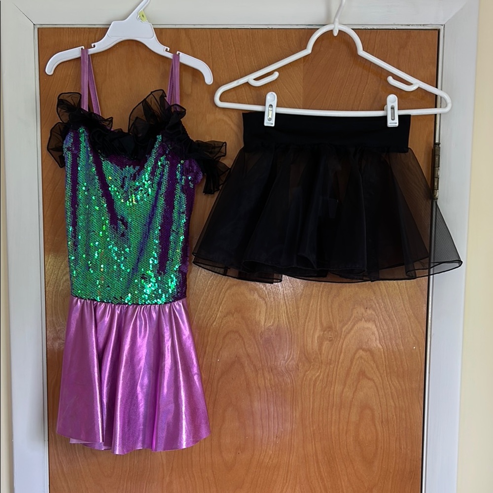 Green and Purple Dance Costumes with Sequins and Tulle